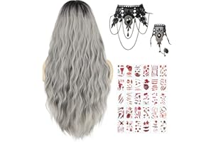 ENENBLAU Perücke Grau Damen Lang Wellig Ombre Silber Synthetische Haar Perücken für Frauen Zombie Vampir Kostümparty Halloween Schwarz ombre Grau Wig +Gothic Halskette+ Halloween Tattoo AL070