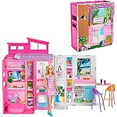 Barbie bebek ve evi oyun seti; mutfak, banyo, &ccedil;atı katı yatak odası ve salon dahil 4 oyun alanı bulunan yazlık ev, 11 dekoras