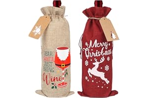 ZJHIOME Christmas Burlap Wine Bags, 2Pcs XMAS Bottle Gift Bags, Reusable With Drawstrings Tags for New Year Party Supplies (Burlap and Burgundy Red)