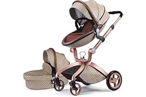 Hot Mom Cochecito de Bebé con Altura de Asiento Ajustable en Ángulo y Absorción de Golpes en las Cuatro Ruedas, Reversible, Paisajístico y Moderno，F22 Grid silla de paseo 2en1