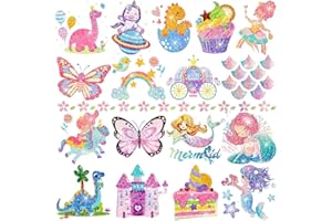 Leesgel Brokatowe tatuaże dla dzieci, 20 arkuszy tymczasowych tatuaży – jednorożec, dinozaur, syrenka, motyle, sztuczny tatuaż transferowy dla chłopców, dziewcząt, wypełniacze torebek urodzinowych, dekoracje na prezenty