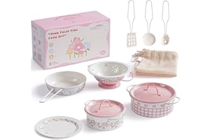 ROBUD Set di accessori da cucina per bambini, set di pentole in acciaio inox, pentole per bambini, set da gioco giocattolo, regalo giocattolo per ragazzi e ragazze dai 3 anni in su (rosa) WCF65