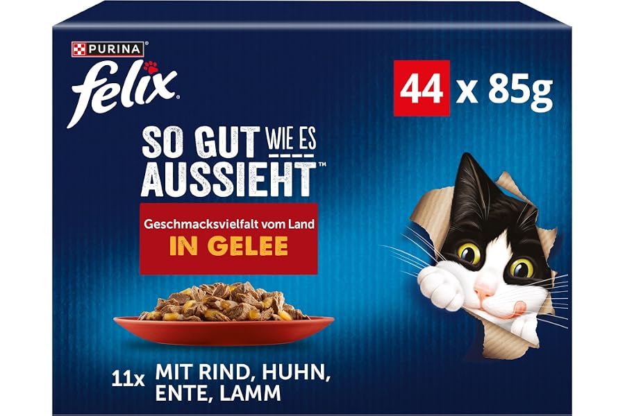 FELIX So gut wie es aussieht Nassfutter für Katzen Geschmacksvielfalt vom Land Vorteilspack, 44 praktische Portionsbeutel, zarte Stückchen in Gelee, 4 leckere Sorten, 100% vollständige Ernährung