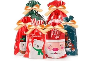 WOLEEUP Christmas Drawstring Gift Bags Multipack - 30 PCS Christmas Bags Medium Small Sizes for Presents 6 Design Xmas Drawstring Gift Bags for Christma Party (#01)