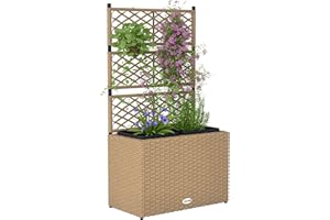 Outsunny Jardinière pour Plantes avec Treillis 2 Pots bac à Plante jardinière 22L Jardin Balcon Patio terrasse extérieur en résine tressée et Acier 57 x 30 x 107 cm Sable
