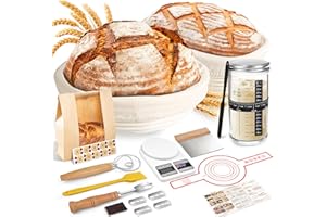 NZQXJXZ Cesta de Fermentación para Pan 23 cm, 19 Piezas Kit Completo de Panadero, Banetones de Caña Natural, Cesta para Pan de Masa Madre para Principiantes y Experimentados