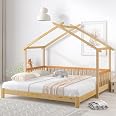 Kinderbett Hausbett 140x200 Cm Mit Geländer & Nachttisch – Massivholz-Bodenbett Mit Stauraum, Ohne Matratze