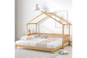 ‎MERAX Merax Hausbett 200x180cm, Kinderbett Funktionsbett mit Rausfallschutz und Lattenrost, Erweiterbares Tagesbett Doppelbett, Holz Baumhausbett für Mädchen & Jungen, Naturfarbener