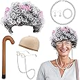Partideal 15 Pcs Old Lady Costume Set,Grandma Wig Cap Granny Pearl Necklace Earrings Bracelet Cane Hair Rollers Glasses with Chain Dress Kit for Halloween World Book Day Masquerade Carnival