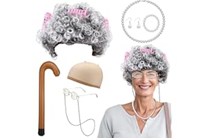 Partideal 15 Pcs Old Lady Costume Set,Grandma Wig Cap Granny Pearl Necklace Earrings Bracelet Cane Hair Rollers Glasses with Chain Dress Kit for Halloween World Book Day Masquerade Carnival