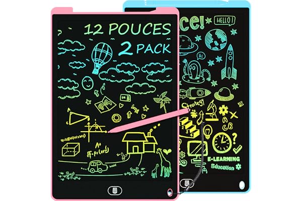 2 Pack Tablette Dessin Enfants 12 Pouces, Electight Tablette d'écriture LCD Colorée, Tablettes Graphiques avec Bouton D'effacement &Verrouillage, Jouets pour Filles Garçons Bleu+Rose