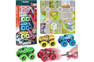 Beyiudefu Voiture Jouet pour Enfant Métal Petite Inertie Voiture Catapulte 4 Mini Voiture Monstre Carte du Jeu 4 Clé de Voiture Cadeaux Jeux pour Enfants 3 4 5 6 Ans