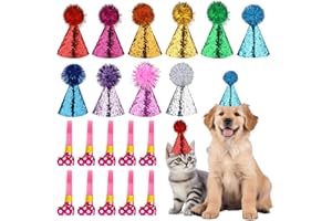 LIAMEPH 10PCS Dog Party Hat,Mini Party Hats for Toy Animals,Adjustable Dog Birthday Hat with Pompoms,Cat Birthday Hat,for Puppy Kittens Holiday Costume Accessories,with 10 Colorful Blowing Whistle