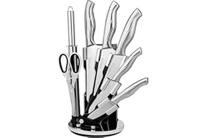 nuovva Kitchen Knife Set with Rotating Stand - Sharp Stainless Steel Knives Set - 360 Degree Rotating Block