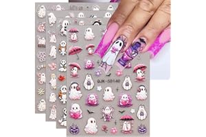 JMEOWIO 3D Nagelsticker HalloweenNail Art Sticker Selbstklebend Nagelaufkleber 5D Stereoskopisch Süßer Geist Dekoration Nageldesign Zubehör 4 Blatt
