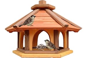 DACKO-WOOD ANETA DACKO Mangeoire hexagonale en bois pour oiseaux sauvages à poser dans le jardin (marron, rouge + jaune)