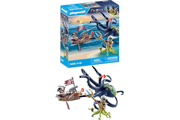 Playmobil 71419 Pirate avec Pieuvre géante, Comprend Deux Personnages, Une Pieuvre géante Qui pulvérise de l'eau, Un Bateau à rames et de Nombreux Accessoires, Univers Pirates, pour Enfants dès 4 Ans