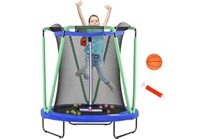 ‎ZONEKIZ ZONEKIZ Kindertrampolin, Trampolin für Kinder mit Sicherheitsnetz, Ø140 cm Gartentrampolin mit Basketballkorb, Basketball, 20 Spielbällen, für 3-10 Jahre Kinder, Blau