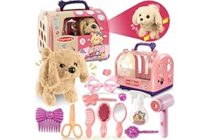 TEUVO Walking Dog Toys for Kids Girls, 14Pcs Robot Dog Toys for Girls 2 3 4 5 6 7 Year Old Interactive Electric Realistic Plush Puppy Toy Dog Bark/Wag Tail Little Live Pets Cage Present Gifts for Girl