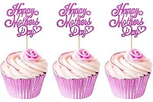 Blumomon 24Pcs Red Glitter Happy Mothers Day Cupcake Toppers Mothers Day Cake Decoration Mother Cake Toppers for Mother's Day Party Cake Decorations