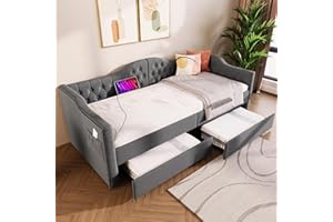 Rtopsu Divano Letto Imbottito 90x190 cm con USB Type C, Letto per Bambini con 2 Cassetti Contenitore, Letto per Ragazzi Struttura Letto con Telaio a Doghe in Legno, Lino, Grigio, Senza Materasso