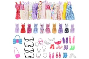 DEEDPF 35 Pieces Clothes and Accessories for Doll, Fashion Casual Clothes Dresses Outfits Shoes Handbags Necklace Glasses Crown Headbands Mirror Hanger for 11.5inch Girl Doll