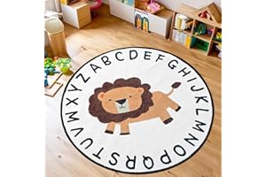 Tapis Design Alfombra infantil de león de dibujos animados, suave, antideslizante, de pelo bajo, lavable, para dormitorio de niños y niñas, aula, sala de estar, sala de juegos (redonda, 100 cm)