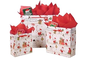 SHIPKEY 12 Pack Christmas Gift Bags, Santa Bags with Tissue Paper and Greeting Cards Christmas Treat Bags Assorted Sizes