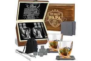 FTUREERA Geschenke für Papa, Vatertagsgeschenk Whisky Geschenkset, Whiskygläser Set für Männer mit 2 Whiskey-Gläsern und 8 Whiskey-Steinen, 2 Untersetzer und Zange, Geschenke für Vatertag Geburtstag