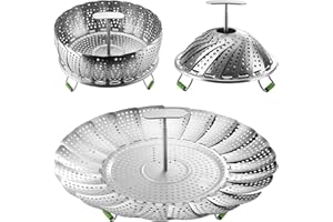 Flexzion Koszyk do gotowania warzyw ze stali nierdzewnej z wysuwanym uchwytem, rozkładany, składany wkład do gotowania, pasuje do szybkowaru błyskawicznego, 7-25 cm, regulowany