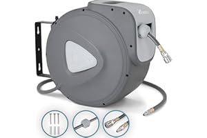 TRESKO® Wąż sprężonego powietrza, 30 m, automatyczne przyłącze 1/4", uchwyt na wąż ścienny, zwijacz węża, bęben na sprężone powietrze, szary