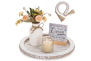 Hanobe Bandeja Redonda de Cuentas de Madera: Bandeja de Mesa de café con Guirnalda de Cuentas de Madera, Bandeja Decorativa Blanca Lavada para mostrador, Centro de Mesa, Bandeja rústica Envejecida,