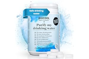 Biocool - Tabletas de purificación de agua | 250 tabletas para agua potable limpia en caravanas, camping, senderismo y emergencias