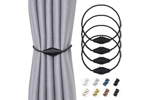 Pretty Jolly 4 Pack Upgrade Magnetic Curtain Tiebacks 16 Inch Handmade Weave Rope Curtain Holdbacks Convenient Decorative Cone Curtain Drape Tie Backs for Home & Office Window Drapery (New Black)