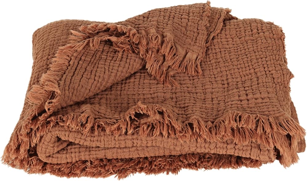 PÜSKÜL Müslin Koltuk Battaniyesi & Pike Tek Kişilik 135x170 cm, 100% Pamuk Ultra Yumuşak 4-Katlı Muslin Kumaş Havadar Dört Mevsim Dekoratif TV Battaniye Şalı (Tobacco, 135x170 cm Tv Battaniyesi)