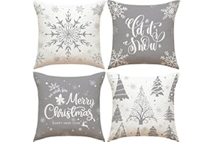 CoFlink Christmas Cushion Covers - Xmax Decorative Pillow Case 45 x 45, Set of 4 Gray Retro Vintage Decor Throw Pillow Covers for Home Indoor Sofa Christmas Decor