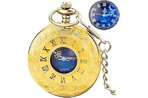 Tiong Pocket Watch Hollow Roman Numerals Vintage Blue Starry Design Quartz Pocket Watches with Chain Pendant for Men Women