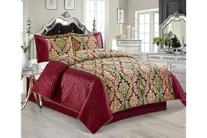 SPL Luxurious 3 Pcs Jacquard Bedspread Quilted Comforter with Matching Pillow Cases Bedding Set Celia Burgundy Super King