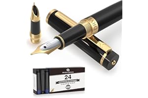 Dryden Designs Fountain Pen - Medium and Fine Nibs | Includes 24 Ink Cartridges and Ink Refill Converter | Calligraphy Pen, Consistent Writing, Smooth Flow - Intense Black