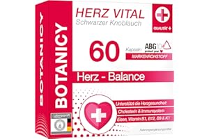 ‎BOTANICY BOTANICY Herz Vital - 60 Schwarzer Knoblauch Kapseln - ABG10+ Extrakt mit S-Allyl Cystein - Herz, Blutdruck, Gefäße - Plus Eisen, Vitamine B1, B9, B12 & K1 - Hohe Bioverfügbarkeit, Geruchlos, Vegan