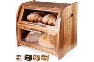 APACE LIVING Arise Panera de Para Encimera de Cocina, Extra Grande de 2 Estantes Con Ventanas Transparentes Y Rejillas de Ventilación - Conserva Pan, Panecillos, Bollería 40 x 26 x 37, Fácil Montaje(Acacia)