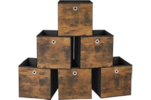 SONGMICS Scatole Portaoggetti, Set di 6 Contenitori con Manico, in Tessuto Oxford e Tessuto Non Tessuto, 30 x 30 x 30 cm, per Scaffali a Cubo, Pieghevoli, Marrone Vintage e Nero RFB102B01