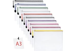 Vicloon Bolsa de Archivo de Multicolor Cremallera, 10 Pcs A3 Bolsa de Documentos Blanco de Malla Bolsa de Archivo Bolsas de Cremallera de Almacenamiento de Oficina Accesorios