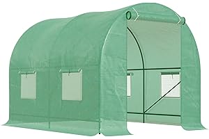 Outsunny Serra da Giardino a Tunnel con Porta Avvolgibile, Serra per Orto con 4 Finestre in PE, Telaio in Tubo d'Acciaio Verniciato e 2 Rinforzi Diagonali, 2.5x2x2m, Verde