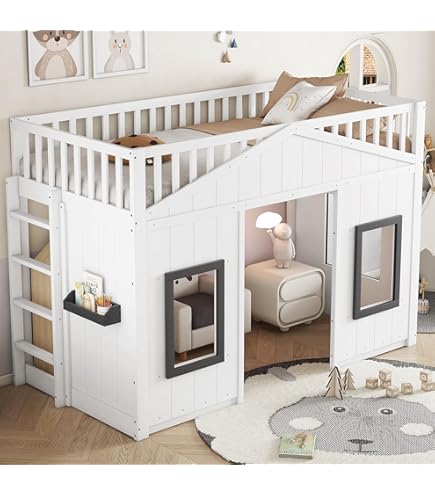 Soweiz Stijlvol en eenvoudig uiterlijk, kinderbed, boomhuis, incl. tafelbed met opslag- en valbescherming 90 x 200 cm, hoogslaper voor kinderen, 2 x lattenbodem - natuur/wit (zonder matras
