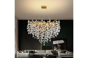 ‎AHXIAOZN Modern Kronleuchter Kristall Golden, Große Luxus Raindrop Pendelleuchte, Rund Kristall Hängeleuchte Light Fixture, Luxury Tree Branch Kronleuchter für Kücheninsel, Esszimmer, 80cm