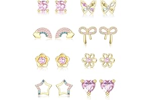 MILACOLATO 8Pairs 925 Sterling Silver Stud Earrings for Women Hypoallergenic Kids Earrings for Girls Cute Pink CZ Heart Butterfly Flower Star Rainbow Girls Jewellery Set with Gift Box