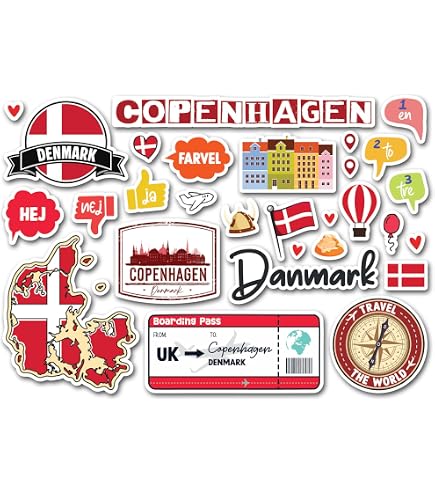Autocollants Danemark - Lot A5 - Motif Monuments, Drapeau, Carte - Pour Valise, Ordinateur - 9