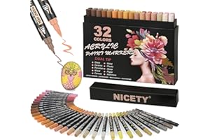 NICETY 32 Couleurs Feutres Acryliques - Marqueurs à Double Pointe Pinceau pour Peinture sur Roches, Bois, Verre, Céramique - 0.5~5 mm Feutres Acryliques à Pointe Fine et Pinceau pour Adultes (Peau)