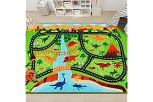 AKUNRUG Kids Carpet Playmat Rug,150X100 CM Dinosaur Car Rugs for Kids Toy Cars,Non Slip Dino Safari Road Map Kids Rug for Playroom Bedroom Boys,Kids Play Mat Road Rug,Track Rug Car Play Carpet for Kids